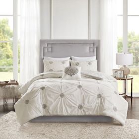 4 Piece Embroidered Cotton Reversible Duvet Cover Set (Color: as Pic)